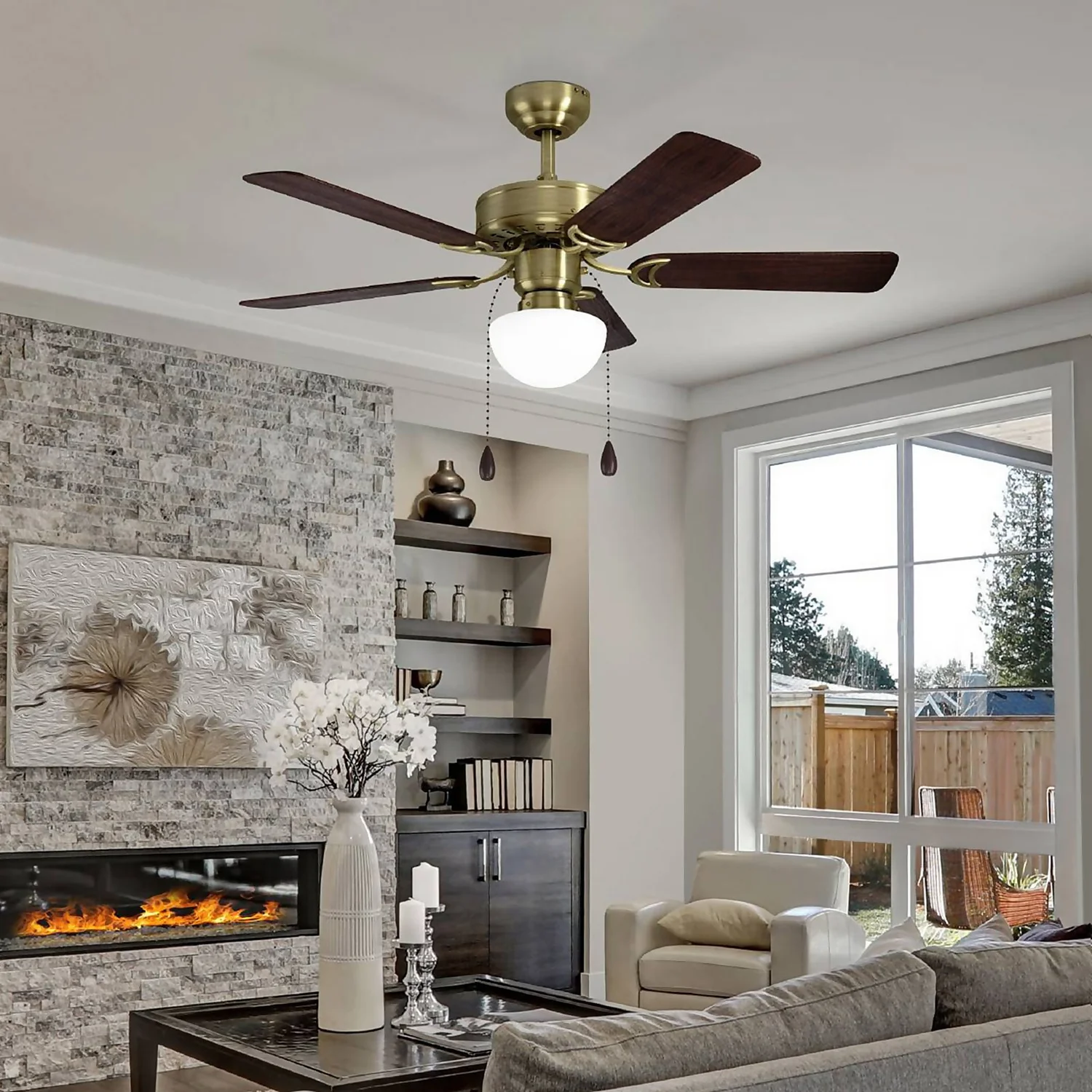 Eglo Cadiz Ceiling Fan With Light - Aged Brass & Wood 3 Eglo Cadiz Ceiling Fan With Light - Aged Brass & Wood